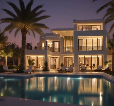 A large, luxurious house with red roofs sits along a tranquil waterfront, surrounded by palm trees and lush greenery. The sky is partly cloudy, casting a mix of shadows and light on the scene.