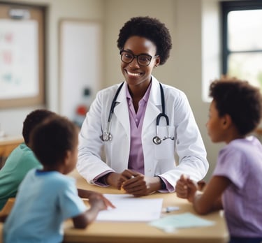 A well-lit interior of a cosmetics store featuring a wooden display table with vibrant blue and turquoise boxed skincare products. There are promotional signs showcasing skincare items, decorative large glass jars, and an arrangement of white artificial blossoms, creating a luxurious atmosphere. Shelves in the background are filled with various beauty products.