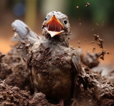 A happy bird chirps prematurely in a pile of cow poo