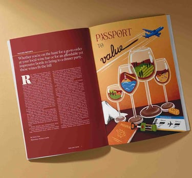 a magazine double spread of an illustration with wine glasses containing different landscapes inside