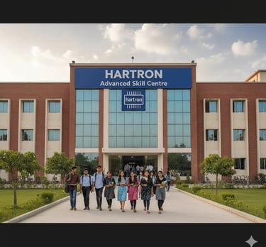 Students walking outside HARTRON Advanced Skill Centre building