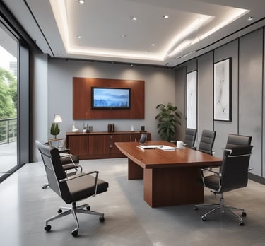 A tall residential building with numerous balconies and windows. Below are street lights, flags, and other buildings, including palm trees in the background. A blue sign reads 'Larsen & Toubro,' adjacent to the main structure.