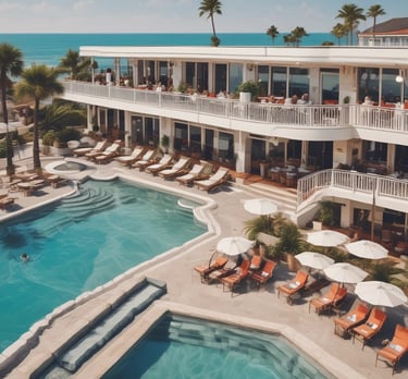 A vibrant cityscape featuring a row of luxury beachside villas in the foreground and a skyline of modern, high-rise buildings with distinct architectural designs in the background. The scene appears tranquil, with blue water in the foreground and clear skies above.