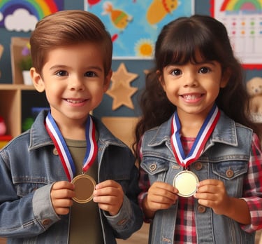 Niños de preescolar con medallas motivacionales pequedivertido