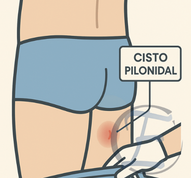 Ilustração médica simplificada mostrando localização e aparência clínica típica de um cisto pilonida