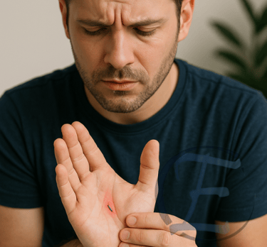 Paciente com corpo estranho superficial visível na mão durante avaliação médica.