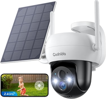 Codnida 2K Caméra Wi-Fi extérieure sans fil avec panneau solaire, 360° PTZ Caméra de surveillance à 
