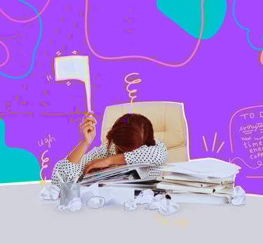 A woman holds a white flag above her head, with her head on her desk surrounded by scattered papers