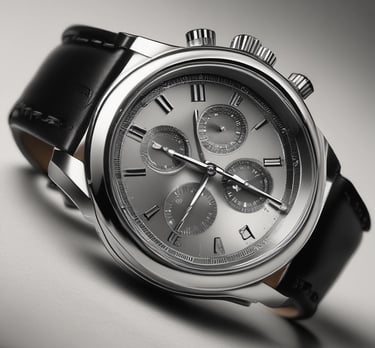 Luxury silver chronograph watch with a grey dial and black leather strap on a gradient background.