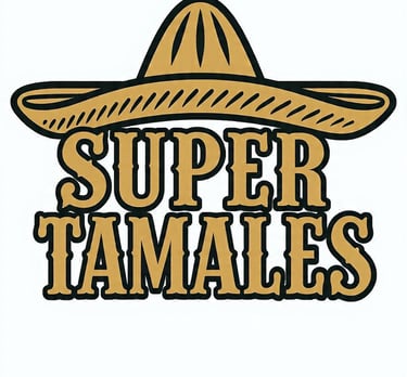Super Tamales restaurant logo featuring a gold sombrero and bold Mexican-style typography.