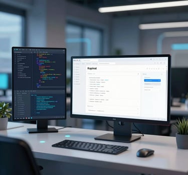 A spacious warehouse with tall shelves filled with various boxes and pallets. A yellow forklift is parked in the aisle, surrounded by organized inventory. The environment appears clean and well-lit, with items neatly stacked on metal racks.