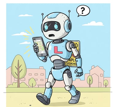 Robot mirando un smartphone al revés sin entenderlo. Lleva una L de prácticas.