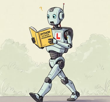 Robot hojeando un libro de Python sin entenderlo. Lleva una L de prácticas.