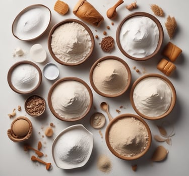 A variety of baking ingredients are arranged on a metallic surface. A large bowl contains oats, cubes of caramel, and white powder, likely flour or powdered sugar. Next to it is a large metal pot with similar white powder. Surrounding the containers are packs of oats, organic salted butter, caramel candies, and a large bag of nuts. A canister of Quaker oats and a salt grinder are also visible.