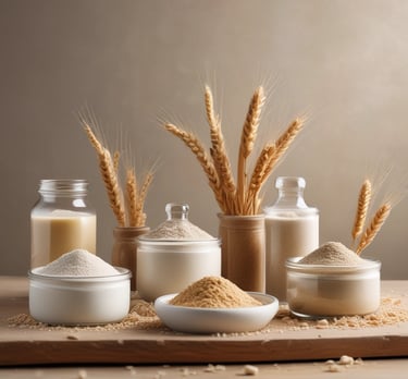 A variety of baking ingredients and tools are arranged on a polka dot green and white fabric surface. A bowl of flour, three eggs, a wooden rolling pin, a decorative jar of green glass, and a yellow honey pot with a bee-themed lid are present. Two bright yellow flowers add a pop of color.