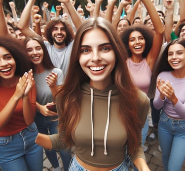 Happy Community. A woman with a smile on her face and arms up in the air