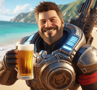 A man in Gears armor and a glass of beer