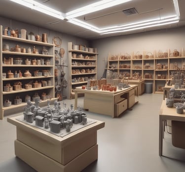 Various colorful 3D-printed creatures and objects are arranged in wooden trays on a table. The objects include dinosaurs, insects, and other shapes made from plastic. The scene is set outdoors with sunlight casting shadows, and each tray has a price label.