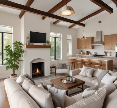 The image features a modern architectural interior with a prominent staircase curving upward. The ceiling displays a large circular design with a geometric pattern resembling a star or sunburst. The use of yellow and orange hues adds a vibrant touch to the space.