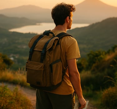 Young male backpacker standing on a scenic hilltop trail at sunset, holding a map and looking toward distant mountains and a