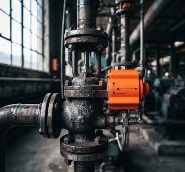 Macro shot of a heavy-duty industrial control valve, cast iron texture, steel piping, dramatic side lighting from factory window, cool steel tones with high-contrast safety orange indicator