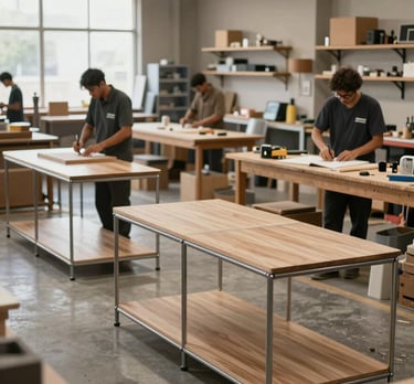 A wide shot of a modern, organized workshop in Faridabad where modular furniture is being precisely crafted by skilled technicians.