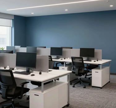 A spacious, innovative modern office interior of a software agency in North America / US. Slate blue walls, crisp white desks, high-tech workstations.