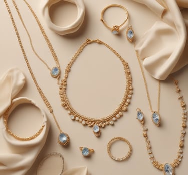 Several chains featuring large, glittering pendants and a bracelet are showcased, all encrusted with sparkling stones. The pendants and the bracelet have a gold hue, with the letters 'SM' prominently displayed on some of the pendants.