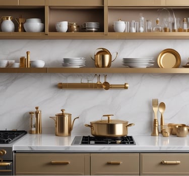 A close-up of a hand adorned with multiple pieces of jewelry including a chunky gold bracelet and two large rings. The hand rests against a pair of distressed blue jeans, creating a contrast between the luxurious gold accessories and casual denim fabric.