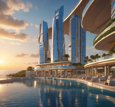 Modern waterfront luxury apartments with panoramic ocean views at sunset.