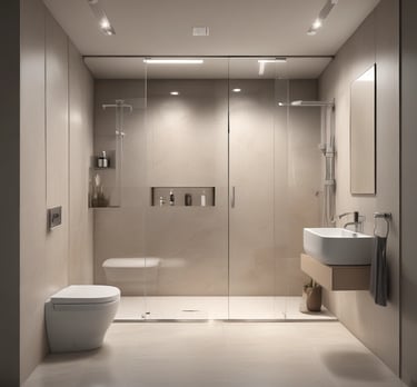 A modern bathroom showing a sleek shower replacing an old bathtub.