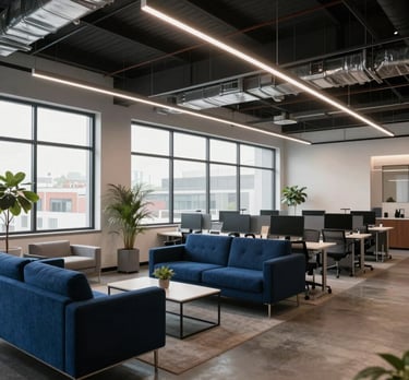 Wide shot of a modern, open-concept North American office with industrial ceilings and large windows. The interior is decorated with sleek furniture and deep blue accents.