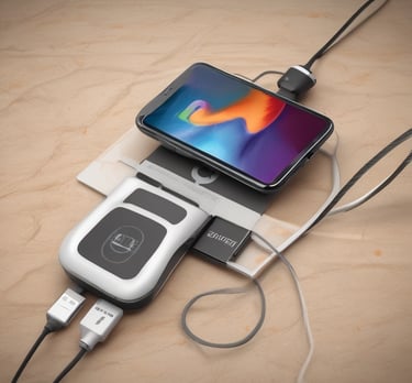 A sleek wireless charger with a smartphone resting on it, glowing softly.