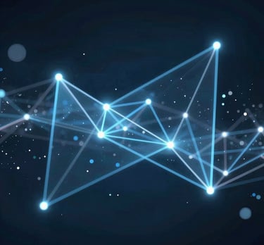 A sleek, modern city skyline at dusk with glowing green and blue digital overlays symbolizing technology and sustainability.