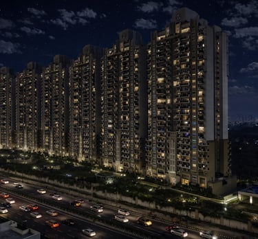 Luxury high-rise residential apartments at night with city traffic on a busy highway under a starry sky.