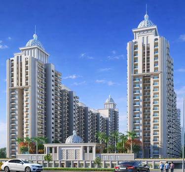 Luxury high-rise residential apartment towers with domed architecture and modern balconies under a blue sky.