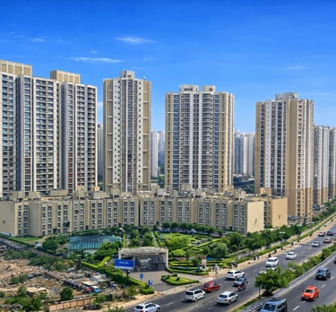 Luxury high-rise residential apartment buildings at Paras Tierea complex in Noida with city traffic.