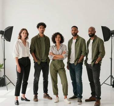 A professional portrait of a South African creative team in a bright, minimalistic Durban studio. They are surrounded by photography equipment and olive green accents, looking confident and trustworthy.