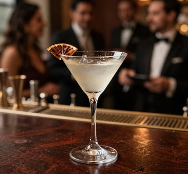 A vibrant cocktail glass with colorful layers and fresh garnishes on a wooden bar counter.