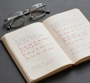 An overhead shot of a bone white manuscript with hand-written red notes on a charcoal gray background, alongside a pair of vintage silver reading glasses.