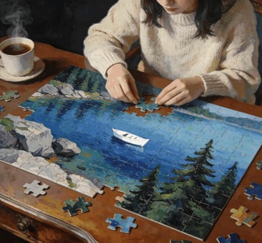 A girl is putting together a puzzle of a lake.