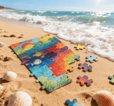 There has an unfinished jigsaw puzzle and some seashells on the beach.