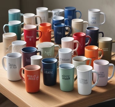 Close-up of artistic mugs featuring daily affirmation quotes.