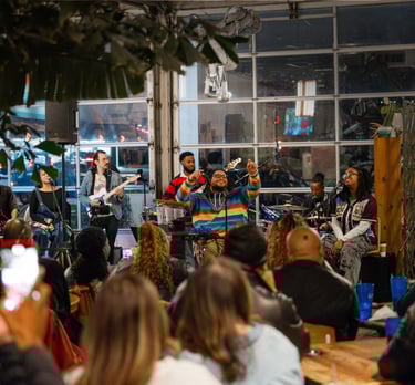 a band playing music in a cafe
