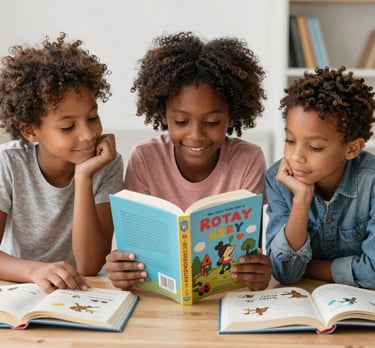 An open book with whimsical characters jumping off the pages.