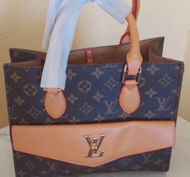 Luxury Louis Vuitton monogram tote bag with tan leather front pocket and gold LV logo hardware.