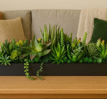 a solid wooden black planter with artificial succulent plants in a living room