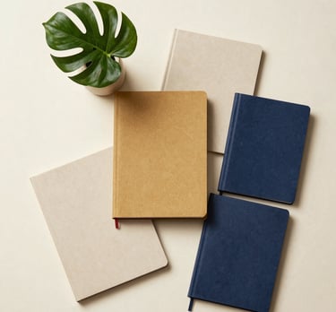 An aesthetic flat-lay of several journals on a cream surface, arranged neatly with a small vase of tropical leaves. Palette of beige, gold, and dark blue.