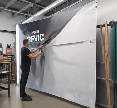 A vibrant outdoor banner being installed on a storefront in a scenic Tirol town.