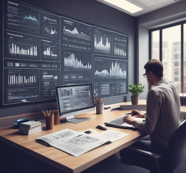 Modern office workspace with data analytics dashboard on screen and a professional reviewing charts